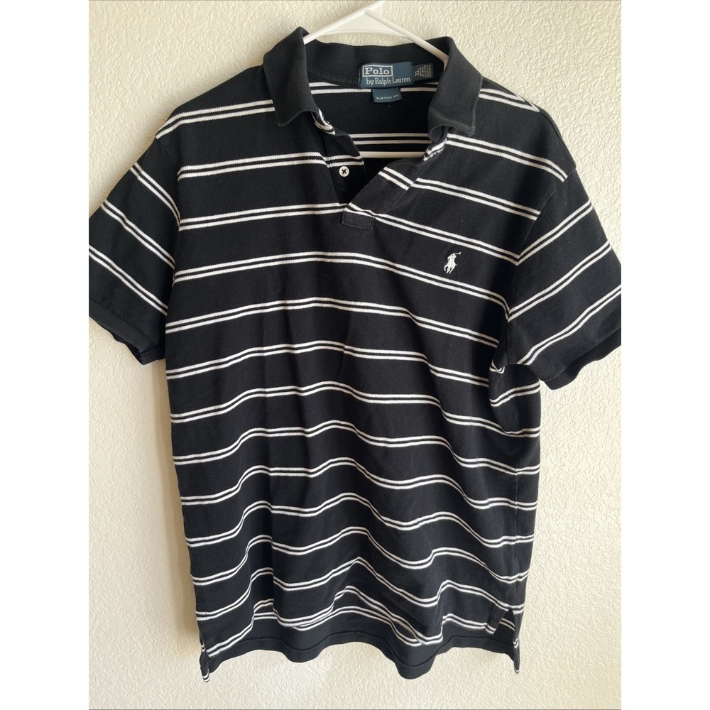 Polo By Ralph Lauren 90s Black White Stripe Polo Short Sleeve Size XL